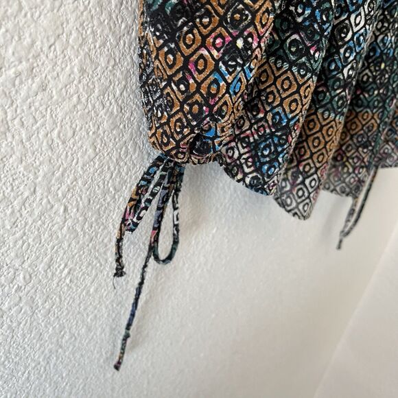 Zara Trafaluc Top Blouse Size Med Geometric Patterned Keyhole Tie Sides Boho - Picture 6 of 12